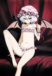  bandeau bare_legs bare_shoulders barefoot bat_wings bikini collarbone cozy cup feet flat_chest frilled_bikini frills hands hat highres legs navel red_eyes remilia_scarlet short_hair silver_hair sitting smile solo swimsuit teacup touhou tsurime wings wrist_cuffs 