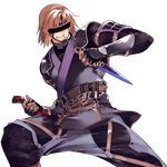  brown_hair censored dual_wielding final_fantasy final_fantasy_xi fingerless_gloves gauntlets gloves grin holding hume identity_censor kitanai_ninja kunai male_focus ninja ninja_(final_fantasy) smile solo sumi_keiichi weapon 