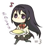  akemi_homura bad_id bad_pixiv_id bow chibi eighth_note food hairband long_hair lowres mahou_shoujo_madoka_magica musical_note omurice pantyhose pun school_uniform solo translated yamarisu_(ymrs) 