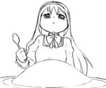  akemi_homura bad_id bad_pixiv_id bow food greyscale hairband long_hair lowres mahou_shoujo_madoka_magica monochrome omurice school_uniform solo spoon yamarisu_(ymrs) 