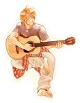  acoustic_guitar ahoge america_(hetalia) arms_up axis_powers_hetalia bangs barefoot blonde_hair closed_eyes dog_tags feet glasses guitar happy instrument iwaki_soyogo jacket jewelry male_focus necklace open_mouth pants sitting solo 