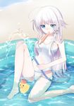  ahoge anceril_sacred annoyed bad_id bad_pixiv_id barefoot blue_eyes casual_one-piece_swimsuit food frown highres hose long_hair mishima_kurone mouth_hold one-piece_swimsuit original partially_submerged popsicle rubber_duck school_swimsuit shirokami_project sitting solo splashing submerged swimsuit wading_pool water white_hair white_swimsuit 