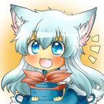  :3 animal_ears bad_id bad_pixiv_id blue_dress blue_eyes blush chibi dress fang hat hat_removed headwear_removed kamishirasawa_keine kemonomimi_mode long_hair open_mouth rebecca_(keinelove) silver_hair smile solo tail touhou wolf_ears wolf_tail 