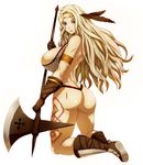  amazon_(dragon's_crown) armlet armor ass bad_id bad_pixiv_id bikini_armor blonde_hair blue_eyes boots breasts circlet dragon's_crown feathers gloves halberd large_breasts long_hair muscle polearm sideboob solo tattoo te2aki weapon 