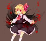  blonde_hair fang hair_ribbon kneehighs necktie open_mouth red_eyes ribbon rumia short_hair skirt solo suzuna_(mark_of_luck) touhou vest white_legwear 