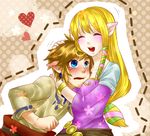  1girl blonde_hair blue_eyes blush dotted_line earrings heart hug jewelry link long_hair pointy_ears princess_zelda smile the_legend_of_zelda the_legend_of_zelda:_skyward_sword yuu_(yes_but_so_what) 