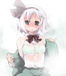  aqua_eyes black_hairband blush bow bowtie bra bra_through_clothes dress dress_shirt fujii_jun full-face_blush green_bra hairband konpaku_youmu lingerie long_sleeves looking_at_viewer nose_blush open_clothes pinky_out see-through shirt short_hair silver_hair solo steam sweat taut_clothes taut_shirt touhou underwear undressing upper_body vest wet wet_clothes 