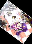  alternate_hairstyle book breasts chair checkered checkered_floor cleavage crescent crescent_hair_ornament cup downblouse from_above hair_ornament highres medium_breasts patchouli_knowledge photo_(object) ponytail purple_eyes purple_hair saucer solo table teacup teapot tohoho_(hoshinoyami) touhou 