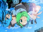  acrophobia aqua_eyes aqua_hair green_eyes green_hair gumi hatsune_miku long_hair marirero_a multiple_girls short_hair smile sweat very_long_hair vocaloid 