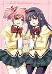  :3 :d :o akemi_homura black_eyes black_hair black_legwear blush border bow hair_ornament hair_ribbon hairband happy heart heart_hands heart_hands_duo kaname_madoka kyubey long_hair mahou_shoujo_madoka_magica multiple_girls open_mouth pantyhose piku pink_eyes pink_hair plaid plaid_skirt pleated_skirt purple_eyes purple_hair red_eyes ribbon school_uniform short_hair short_twintails skirt smile symmetrical_hand_pose symmetry teeth thighhighs twintails white_legwear zettai_ryouiki 