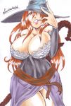  bare_shoulders breasts brown_eyes brown_hair cleavage curvy detached_sleeves dragon's_crown dress hat hat_over_one_eye large_breasts long_hair no_panties side_slit solo sorceress_(dragon's_crown) strapless strapless_dress witch_hat 