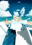  absurdres barefoot beach blonde_hair chitose_shuusui cloud day dress fountain green_eyes grin hat hat_removed headwear_removed highres holding holding_hat holding_shoes ocean original outdoors outstretched_arms sandals scenery science_fiction shoes signature sky smile solo space_craft spread_arms stairs sundress water white_dress 