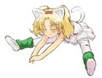  animal_ears blonde_hair blush cat_ears cat_tail closed_eyes frown full_body highres jewelpet_(series) jewelpet_twinkle leg_warmers miria_marigold_mackenzie nyama pantyhose shoes sketch solo stretch tail twintails 