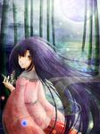  bamboo bug butterfly full_moon highres houraisan_kaguya insect kapi0711 long_hair looking_at_viewer looking_back moon moonlight purple_hair solo touhou water wide_sleeves yellow_eyes 