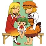  aki_minoriko aki_shizuha alternate_hairstyle barefoot blonde_hair child eating feet food fruit green_hair hair_bobbles hair_ornament hairdressing hand_on_another's_head hat holding holding_food holding_fruit kisume leaf leaf_on_head multiple_girls no_nose onikobe_rin siblings sisters sitting smile touhou twins watermelon 