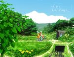  2girls bicycle child father_and_daughter flower ground_vehicle karakasa_harubaru kusakabe_mei kusakabe_satsuki kusakabe_tatsuo multiple_girls multiple_riders nature path plant riding road scenery tonari_no_totoro totoro water_drop 