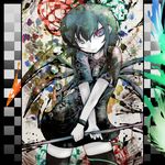  ahoge asymmetrical_wings bad_id bad_pixiv_id black_hair black_legwear blue_eyes checkered dress houjuu_nue koohee multicolored multicolored_eyes polearm red_eyes short_hair solo thighhighs touhou trident weapon wings x_arms zettai_ryouiki 