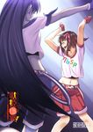  amami_haruka arms_up belt blue_hair brown_hair closed_eyes dancing fingerless_gloves gloves hair_ribbon heart idolmaster idolmaster_(classic) idolmaster_2 inu_(aerodog) kisaragi_chihaya long_hair midriff multiple_girls navel open_mouth ribbon shirt short_hair shorts smile street_hopper t-shirt undershirt 