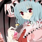  ascot bad_id bad_pixiv_id bat_wings blue_hair blush choker colorized food fork hat nanase_nao red_eyes remilia_scarlet ruruan_(piitan) short_hair solo touhou wings 