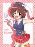  ahoge bare_shoulders bow breasts brown_eyes brown_hair dress gloves hand_on_headwear happy_birthday hidaka_ai idolmaster idolmaster_dearly_stars medium_breasts pleated_skirt skirt smile solo thighhighs wagomu17 