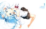  1girl absurdres ahoge antenna_hair aqua_eyes aqua_hair bare_shoulders barefoot blue_eyes blue_hair blush bow bowtie breasts buriki cleavage cover denpa_onna_to_seishun_otoko dvd_cover highres legs long_hair off_shoulder open_clothes open_shirt pleated_skirt school_uniform shirt skirt solo touwa_erio 