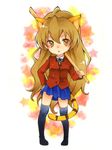  :&lt; aisaka_taiga animal_ears bad_id bad_pixiv_id blazer bokken brown_eyes brown_hair chibi hand_on_hip jacket kuune_rin long_hair marker_(medium) orange_eyes pastel_(medium) school_uniform skirt solo sword tail thighhighs tiger_ears tiger_tail toradora! traditional_media weapon wooden_sword zettai_ryouiki 