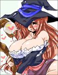  axel_zero bad_id bad_pixiv_id bare_shoulders blush breasts brown_eyes brown_hair cleavage detached_sleeves dragon's_crown dress hat hat_over_one_eye heart huge_breasts long_hair lowres oekaki side_slit solo sorceress_(dragon's_crown) staff strapless strapless_dress witch_hat 