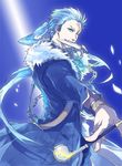  bad_id bad_pixiv_id belt blue_eyes blue_hair bracelet chain coat dagger jewelry long_hair male_focus mori_(tsk03ss) mouth_hold one_eye_closed personification ponytail repede scar solo tales_of_(series) tales_of_vesperia teeth weapon 