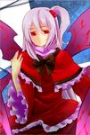  arthur_salvatores capelet dress hair_bobbles hair_ornament long_hair multiple_wings purple_wings red_capelet red_eyes shinki side_ponytail silver_hair smile solo touhou wings 