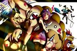  2girls animal_ears bad_id bad_pixiv_id bald broom broom_riding cat_ears cross crossed_arms drill facial_tattoo hat horn mask multiple_boys multiple_girls muscle natsu_(anta_tte_hitoha) original pig purple_hair scarf short_hair smile tattoo thighhighs wings witch_hat yellow_eyes 