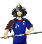  armor axis_powers_hetalia black_hair brown_eyes helmet japan_(hetalia) japanese_armor jersey kabuto katana male_focus md5_mismatch samurai sheath sherry_lai shoulder_armor sode solo sword weapon 