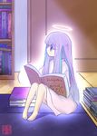  :3 aura barefoot beckitach book bookshelf cameo colorized door floor glowing goddess halo indoors japanese_clothes kami_nomi_zo_shiru_sekai kimono kyubey library long_hair mahou_shoujo_madoka_magica manga_(object) mata minerva_(kaminomi) on_floor purple_eyes purple_hair room sitting solo spoilers wakaki_tamiki wooden_floor yukata 