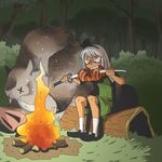  boar campfire eating fire food forest katana konpaku_youmu meat nature night onikobe_rin sitting solo sword touhou weapon 