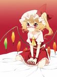  ascot bad_id bad_pixiv_id bespectacled blonde_hair bow flandre_scarlet glasses hair_bow hat red_eyes side_ponytail sitting solo touhou wariza wings wrist_cuffs yuuhi_homare 