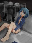  barefoot blue_hair blush bottomless feet gym_storeroom hair_ornament hairclip indoors jacket kagiana mahou_shoujo_madoka_magica miki_sayaka naked_track_jacket open_clothes open_jacket short_hair sitting solo sweat track_jacket volleyball 