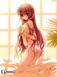  absurdres asakura_karen ass barefoot blue_eyes brown_hair covering covering_breasts cube_(alma) feet highres kimi_to_boku_to_eden_no_ringo long_hair panties side-tie_panties solo string_panties topless underwear 