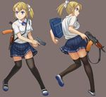  aks-74u assault_rifle bag black_legwear blonde_girl_(itou) blonde_hair blue_eyes dress_shirt from_behind gun handgun highres holding holding_gun holding_weapon itou_(onsoku_tassha) multiple_views original ponytail profile rifle school_bag school_uniform shirt shoes short_hair sig_sauer sig_sauer_p226 simple_background skirt thighhighs trigger_discipline turnaround uwabaki weapon zettai_ryouiki 