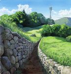  cloud day dirt_road field grass highres mononoke_hime moss nature no_humans path perspective road rock sakagami_umi scenery sky stone_wall tower tree trench wall watchtower 