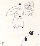  &lt;3 black_and_white blush chikorita easel female feral male monochrome nintendo plain_background pok&#233;mon pok&#233;mon_mystery_dungeon pok&eacute;mon pokemon_mystery_dungeon psyduck sketch smile traditional_media unknown_artist video_games white_background 