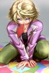  blonde_hair harayan ivan_karelin jacket male_focus mouth_hold paper purple_eyes solo tiger_&amp;_bunny 