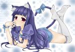  animal_ears blue_hair bow cat_ears cat_tail colorized feet frederica_bernkastel garters kemonomimi_mode long_hair lying mushi024 on_stomach over-kneehighs purple_eyes ribbon solo tail thighhighs umineko_no_naku_koro_ni white_legwear 