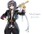  bad_id bad_pixiv_id belt black_eyes black_hair bracelet character_name chisa_(misaaa) coat copyright_name hand_on_hip jewelry left-handed long_hair male_focus over_shoulder pants smile solo sword tales_of_(series) tales_of_vesperia weapon weapon_over_shoulder white_background yuri_lowell 
