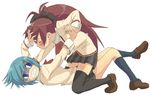  blue_eyes blue_hair blush bow closed_eyes hair_bow kneehighs long_hair lying mahou_shoujo_madoka_magica miki_sayaka miniskirt multiple_girls on_back red_hair sakura_kyouko school_uniform serohan shaded_face short_hair simple_background skirt straddling thighhighs you_gonna_get_raped yuri 