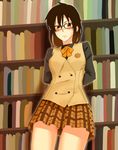  amaron blush bookshelf brown_eyes brown_hair frown glasses hyakko kazamatsuri_touma plaid plaid_skirt pleated_skirt school_uniform short_hair skirt solo vest 