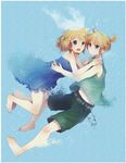  1girl bad_id bad_pixiv_id bare_legs bare_shoulders barefoot blonde_hair blue_eyes brother_and_sister chizu_(fiute) digital_dissolve hair_ornament hair_ribbon hairclip headphones highres kagamine_len kagamine_rin nail_polish ribbon short_hair shorts siblings tank_top toenail_polish twins underwater vocaloid 