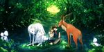  1girl animal ashitaka couple deer elk forest hetero highres kodama light_rays mononoke_hime nature san scenery shishigami_(mononoke_hime) sunbeam sunlight tree water wenqing_yan wolf yakuru 