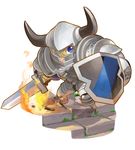  armor blue_eyes chibi dragon's_crown fighter_(dragon's_crown) fire helmet hirai_yukio knight male_focus shield solo sword weapon 