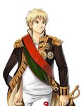  axis_powers_hetalia blonde_hair epaulettes eyebrows green_eyes male_focus md5_mismatch medal sherry_lai solo sword united_kingdom_(hetalia) weapon 