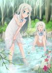  ano_hi_mita_hana_no_namae_wo_bokutachi_wa_mada_shiranai. blue_eyes closed_eyes dress dual_persona fllay forest highres honma_meiko long_hair multiple_girls nature open_mouth panties pantyshot pantyshot_(sitting) ribbon silver_hair sitting smile underwear v wading water younger 