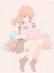  bad_id bad_pixiv_id black_dress blue_(pokemon) blue_eyes blush bracelet brown_hair character_name ditto dress earrings gen_1_pokemon hirosuke_(psychexx) hug jewelry jigglypuff long_hair pokemon pokemon_(creature) pokemon_special shoes short_dress sitting smile wartortle 